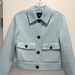 Theory Cropped Pale Blue Wool Button Jacket